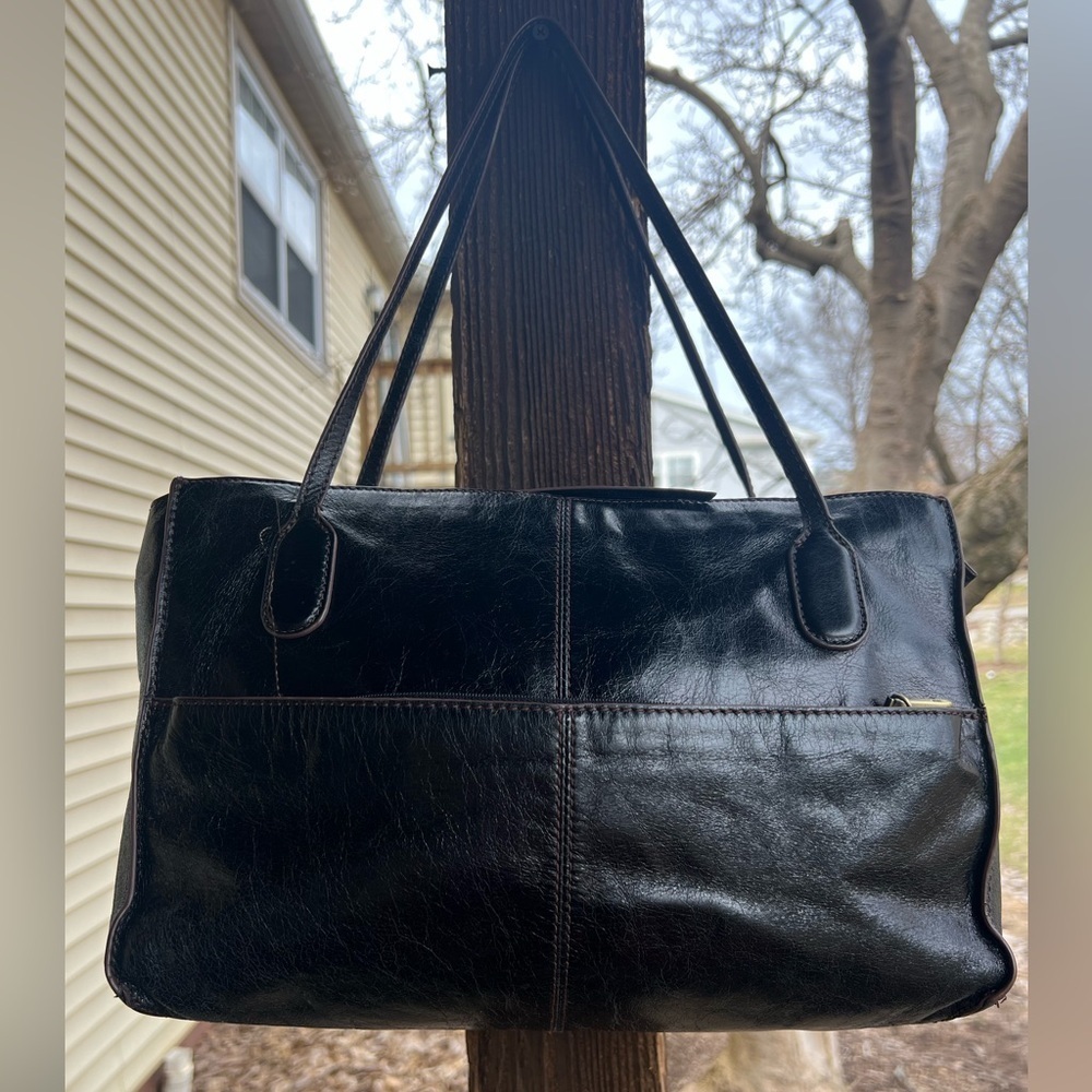Hobo International black leather brown stitching Friar Shoulder bag hippie boho